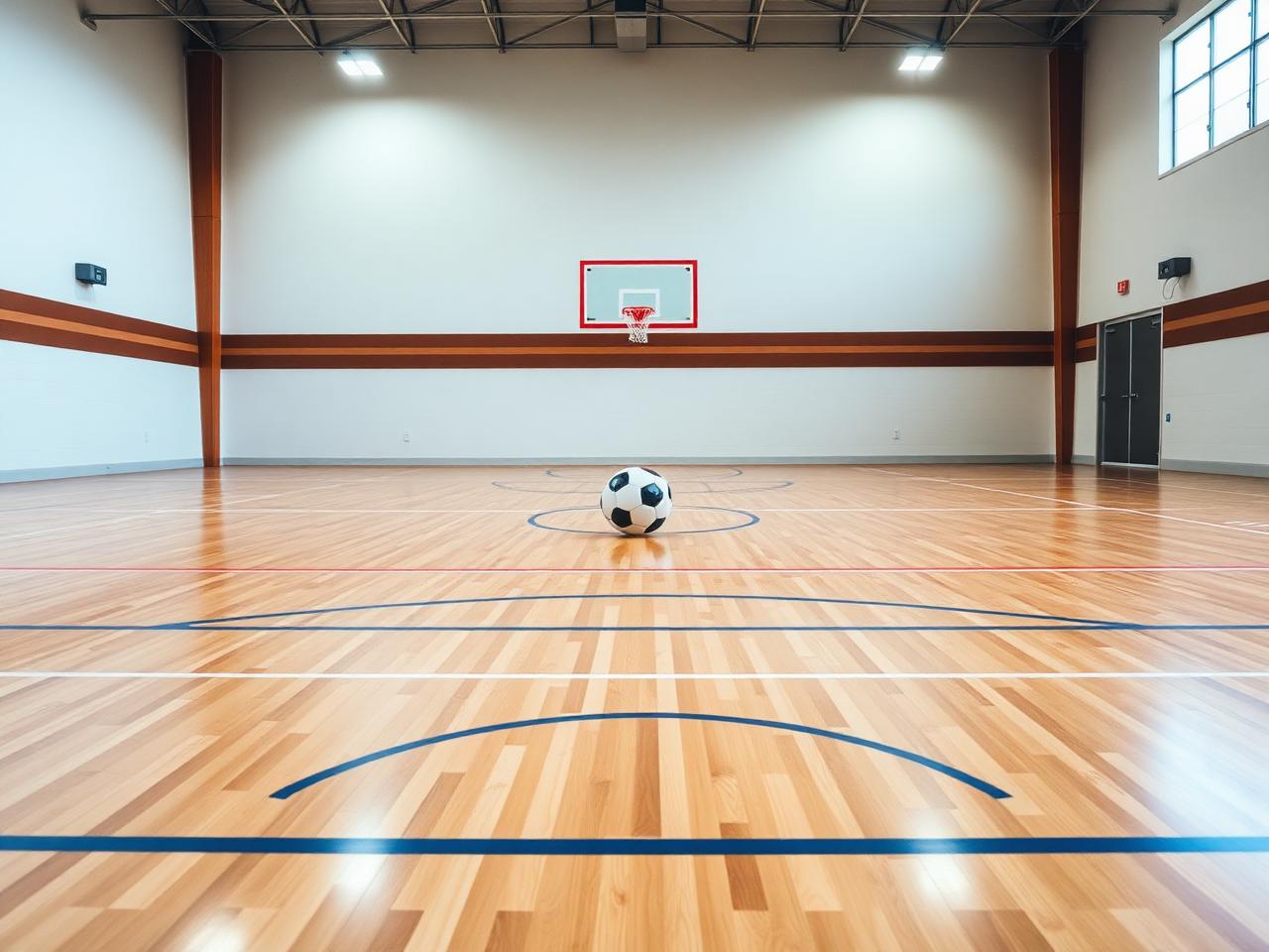 Quadra de futsal com bola no círculo central